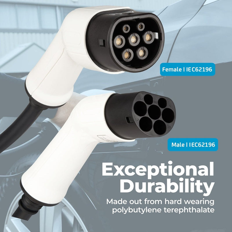 EV Charging Cable, - P1 Autocare© - 32A, 6m Long, Type 2 to Type 2 (Three Phase), Impact Resistant, IP Rated